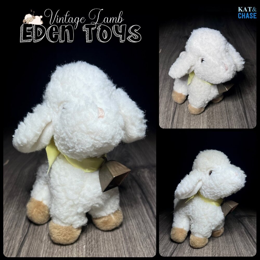 Vintage Eden Toys Lamb Cream Tan Plush Toy 9" Stuffed Animal & Cow Bell Plushie